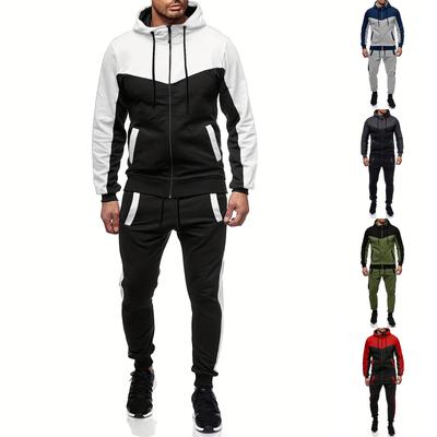 Men's Winter Colorblock Long Sleeve Zipper Hoodies Sweatshirt Trousers Suit
