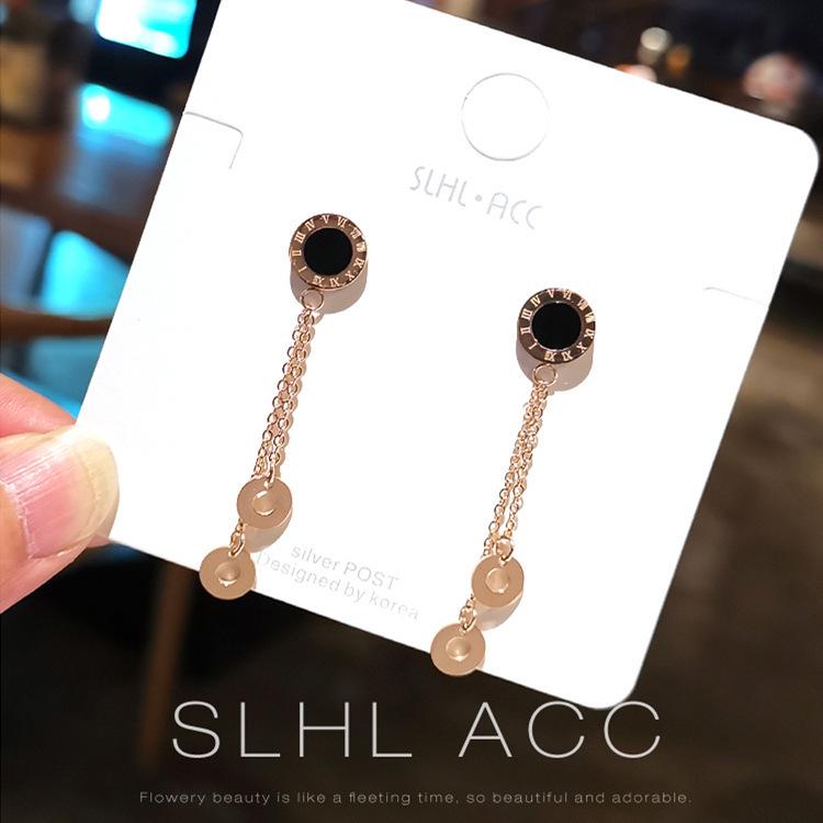 Korean Style Retro Roman Numeral Rose Gold Tassel Earrings for Women 2762