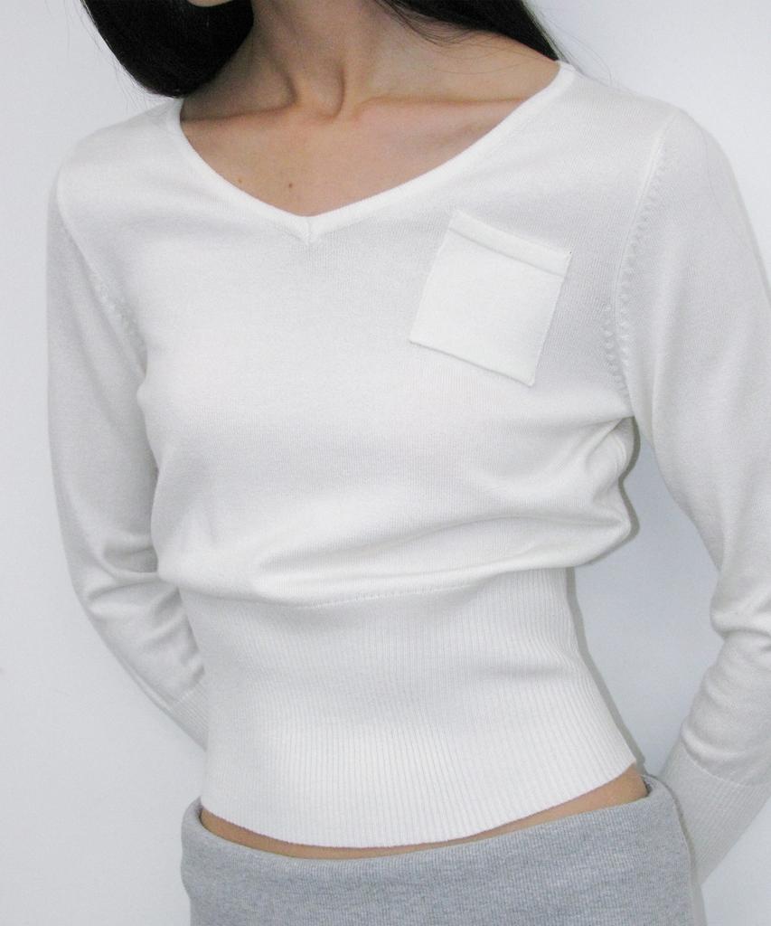 PARTIMENTO WOMEN Pwc V-Neck Pocket Pointed Wide Rib Knit_Ivory