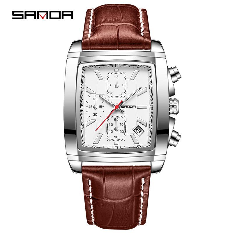 Sanda Square Quartz Men s Watch with Three Subdials, Six Hands, Bar Index, and Calendar.