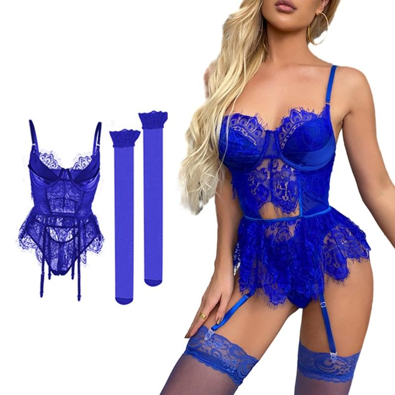 3Pcs Womens Lingerie Underwire Lace Lingerie Sets with Garter Belts One Pieced Bodysuit Teddys with Panty Stockings