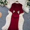 Sommer Damer Elegant V-hals Enkeltspent Strikket Futteral Genser Lang Maxi Fishtail Kjoler