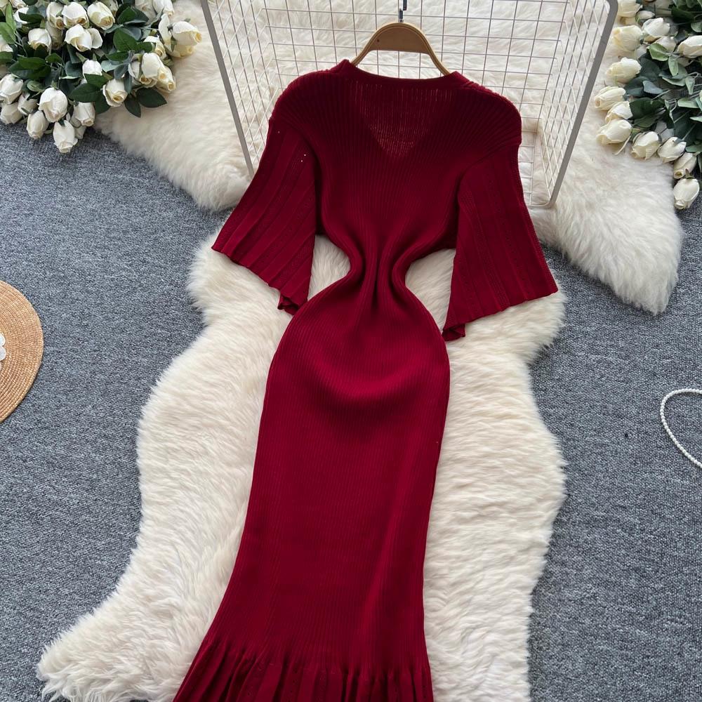 Sommer Damer Elegant V-hals Enkeltspent Strikket Futteral Genser Lang Maxi Fishtail Kjoler