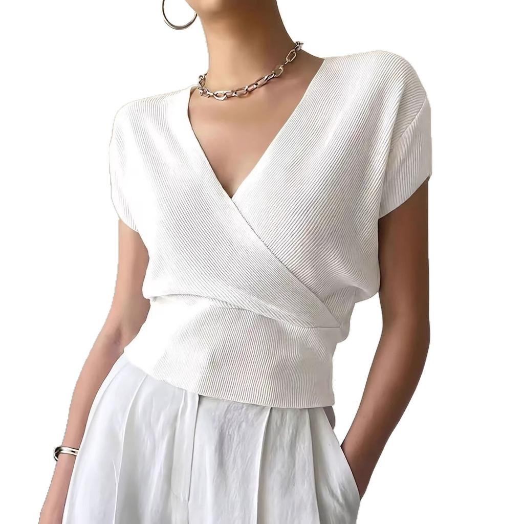 Temperament V-neck cross-knitted short-sleeved high-waisted short design women's top