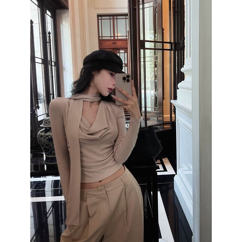 Kumikumi Sexy Wind Black Streamer V Neck Long Sleeves T-shirt Women's Autumn All-Matching Slim Fit Slimming Sexy Top