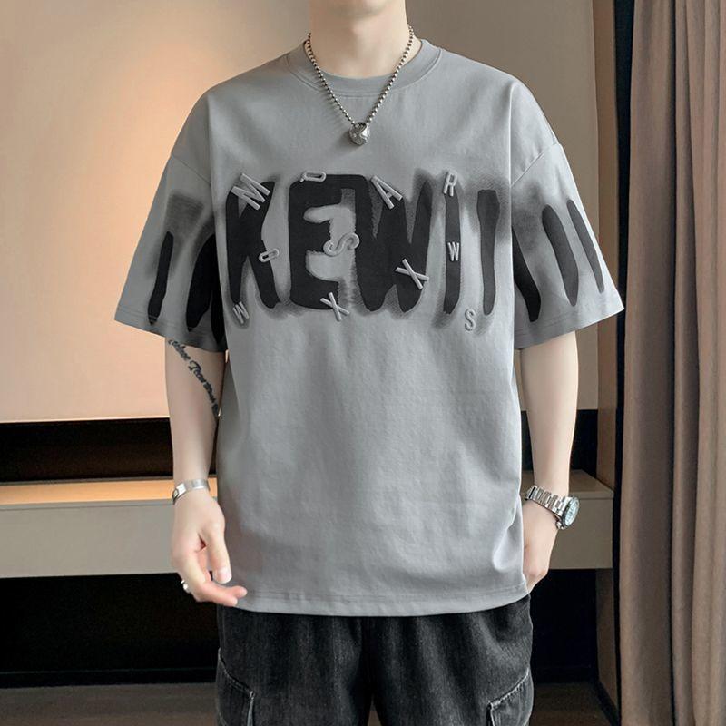 

Fashionable Letter Embroidery Pullovers Men s Clothing Short Sleeve Loose Summer Young Style American Printed Casual T-shirts L серый