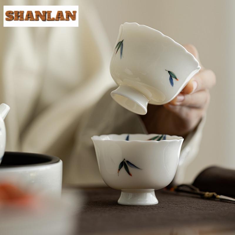 2pc/lot Hand Drawn Evergreen Bamboo High Foot Teacup Vintage Tea Bowl Beautiful Tea Cup Personal Cup Chazhan Master Cups 70ml