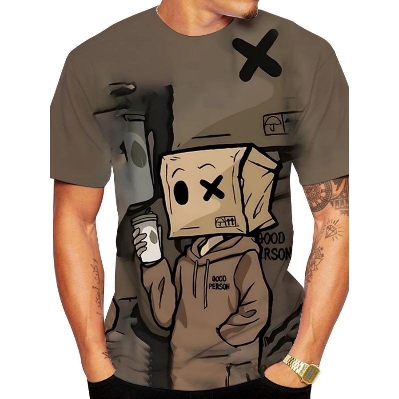 Men's Paper Bag Head Cartoon 3D Printed T-Shirt Casual Short Sleeve Crewneck Top Cool Brown Character Graphic Tee Hip Hop Summer Streetwear Clothing