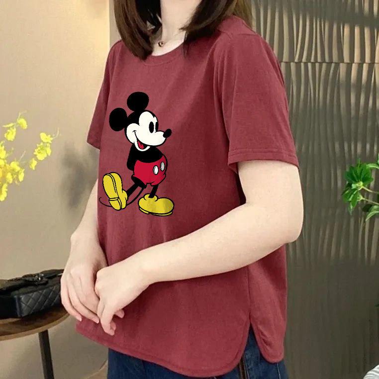 Women s Mickey Cartoon Print Short-Sleeve T-Shirt, Loose Fit, Round Neck, Casual Summer Top L