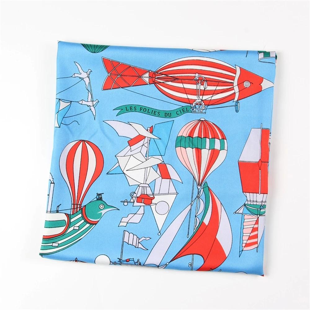 Manual Hand Rolled Twill Silk Scarf Women Fly Boat Print Square Scarves Wraps Echarpes Curled Foulards Femme Bandana Hijab 90CM