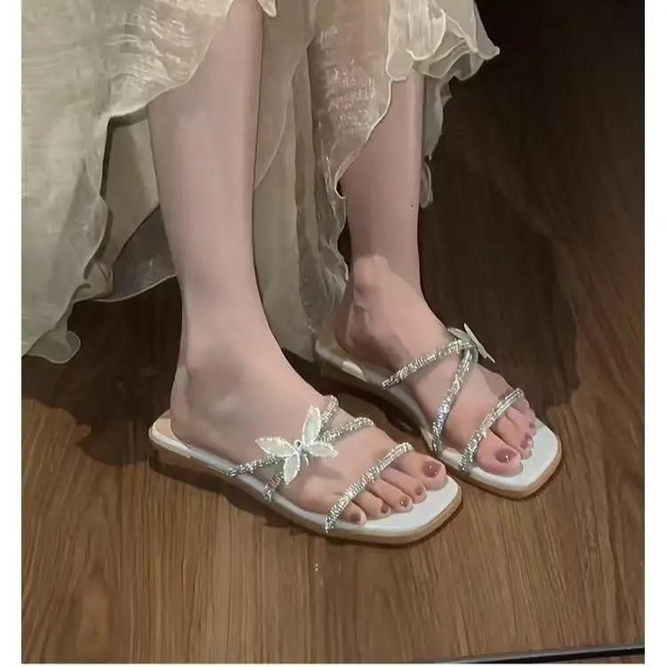 Glitter Slides Sløyfeknute Flatsko Dame Damesko Tøfler Slipers Kvinner Jelly Luksus Sommer 2025 Sløyfeknute