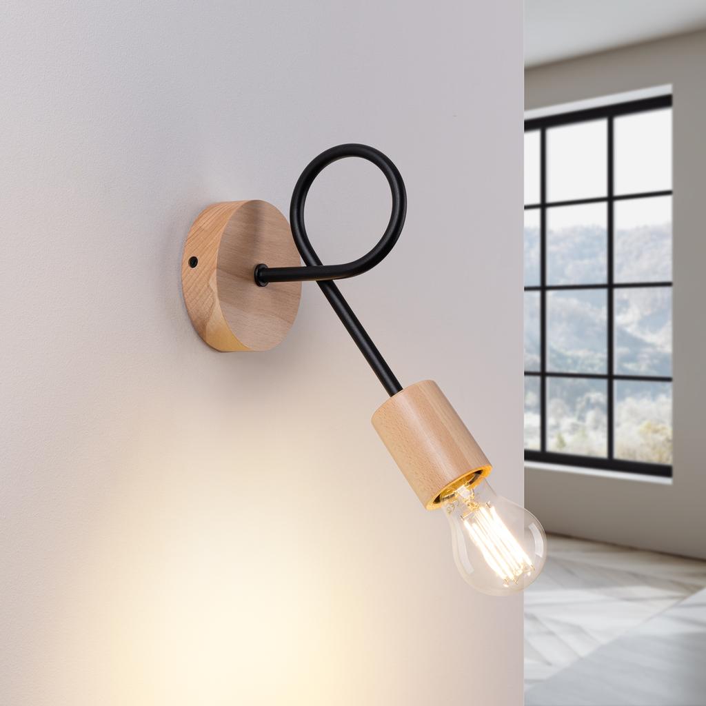 Kinkiet Ścienny Loftowy Pętla Czarny / Jasne Drewno Do Przedpokoju Sypialni 1Xe27 15W Ember Sollux Lighting