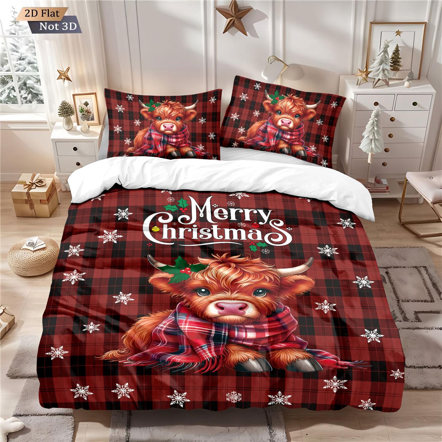 

3pcs Christmas highland cattle print coreless quilt set multi size bedroom dormitory bedding decoration soft machine washable 135x200cm-EU-Single&set