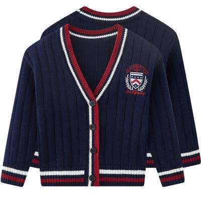Cárdigan de punto de estilo universitario con bordado de color contrastante para niños y niñas, uniforme escolar, uniforme de clase, suéter infantil, chaqueta cárdigan