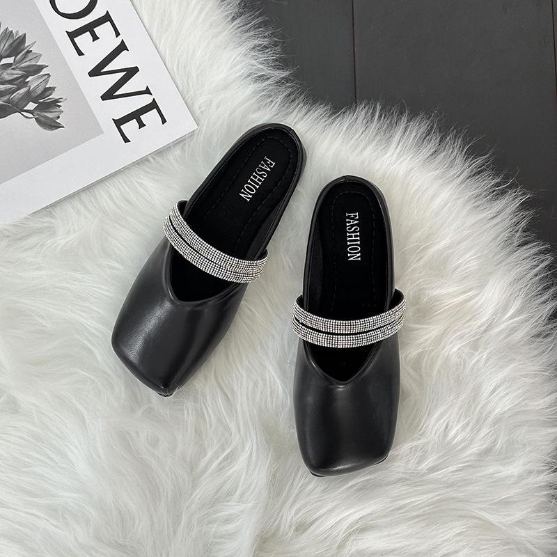 Women Baotou Half Slippers French Square Head Flat-bottomed Slipper Lightweight PU Leather Casual Slippers Women's Muller Slides
