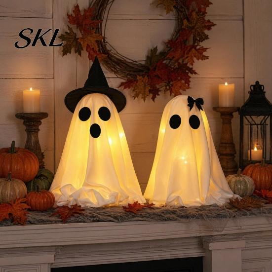Saisonale Feiertagsdekoration Halloween Geist Dekoration, Leuchtend mit Hexenhut/Schleife, Dekoration Spukhaft Stehend für Veranda Hof Außenparty