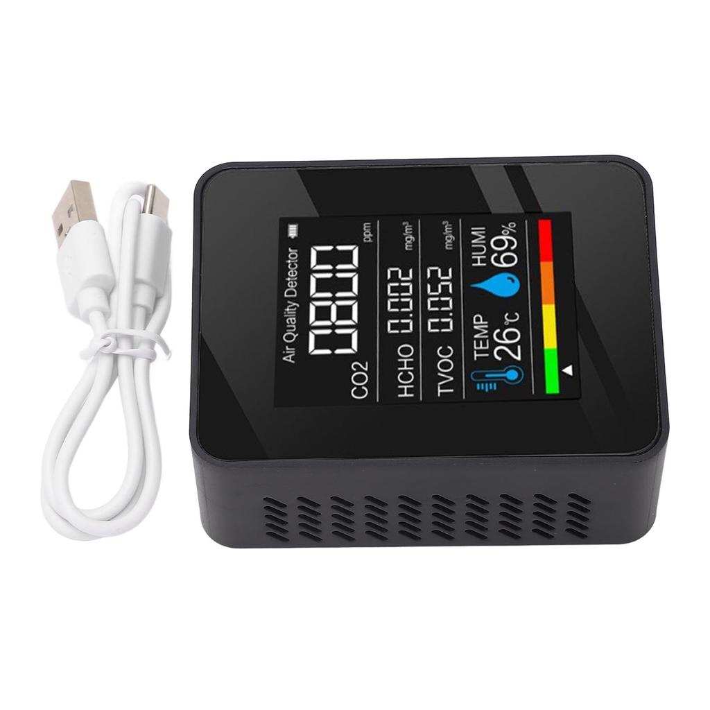 5 v 1 Monitor kvality vzduchu LCD barevný displej CO2 TVOC HCHO Teplota Vlhkost Multifunkční Vzduch