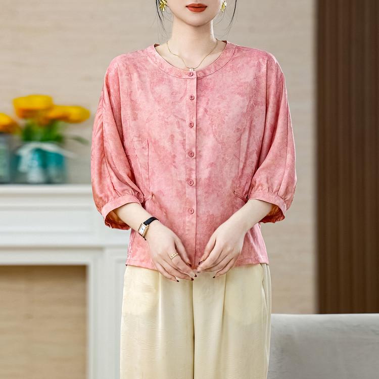 

Midlife Women s Ash-Blue Tie-Dye Jacquard Top: Loose Fit, Slimming, Tummy Concealing, Versatile Three-Quarter Sleeves Summer Top XL цвітіння вишні, рожевий колір