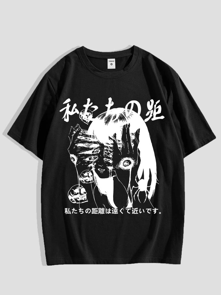 Y2K Anime-inspirerad Grafisk T-shirt för Herrar och Damer - "JUST YOU" Öga & Mun Tryck Casual Polyester Kortärmad T-shirt Rund Hals