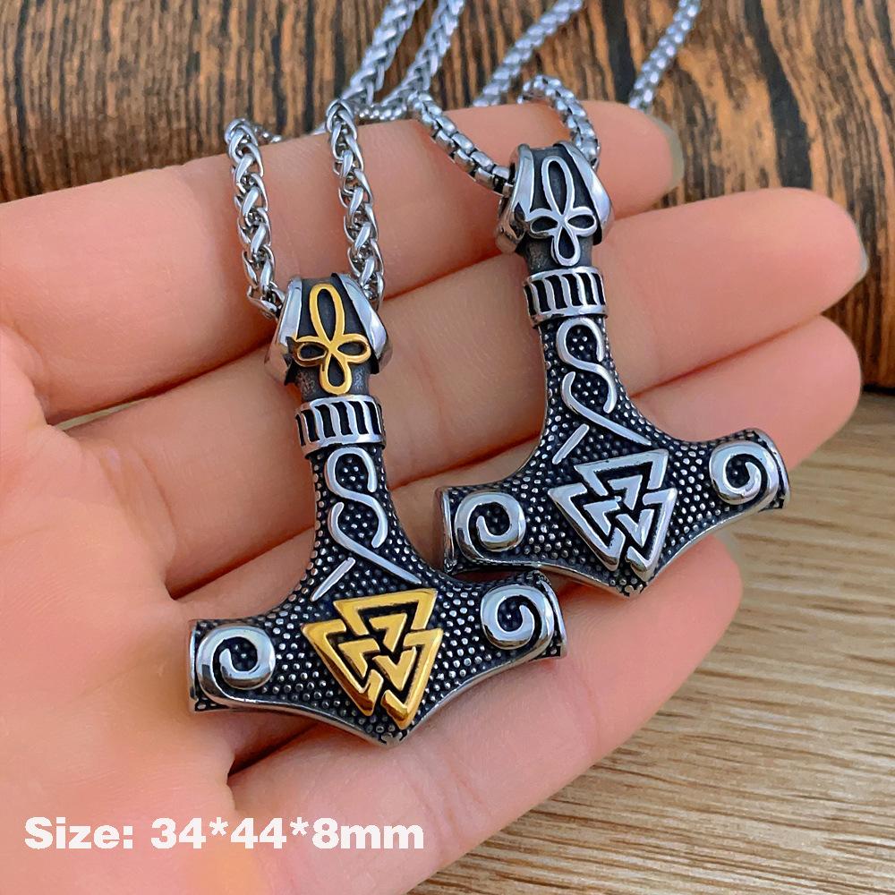 Stainless Steel Men's Pendant Necklace Viking Odin Celtic Triangle Knot Thor's Hammer