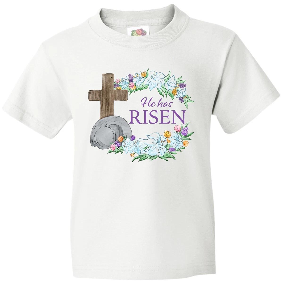 Inktastic Easter He Has Risen With Cross And Flowers Youth T-Shirt Cute Lillie 6 150