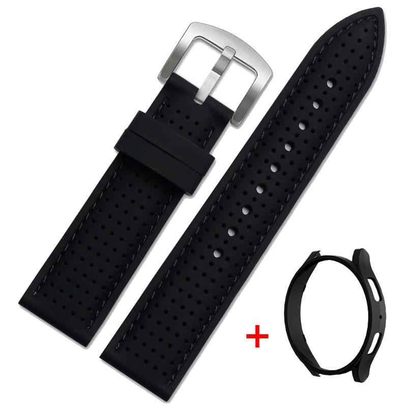 

Чехол+ремешок для Samsung Galaxy Watch 7 44/40 мм, Watch 6 44/40 мм силиконовый официальный ремешок защитный чехол для ПК бампер чехол для ПК Galaxy Watch 6 44mm серебряный/чёрный