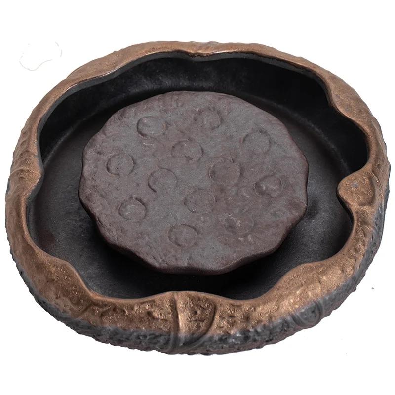 Japanese Style Coarse Pottery Gilding Iron Glaze Lotus Pond Pot Tray Small Water Storage Tea Tray Pot Base Kung Fu Tea Ceremony