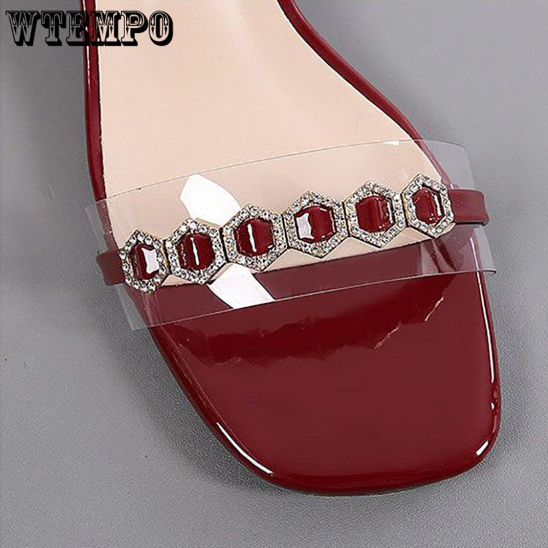 Women's Fashion High Heel Sandals Summer Leather Low Heel Simple Sexy Square Head Fairy Wind Sandals | Sequins Rhinestones A Buckle | PU Material