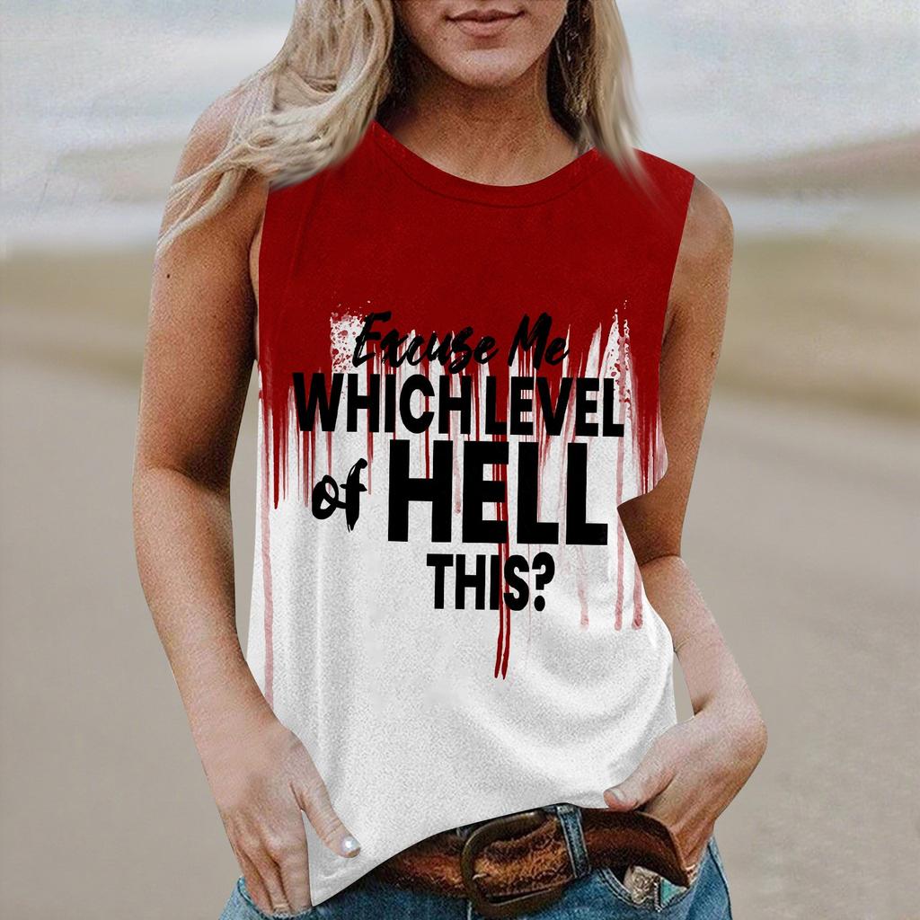 Women's Round Neck Casual Sleeveless Halloween Printed Vest T-Shirt Top