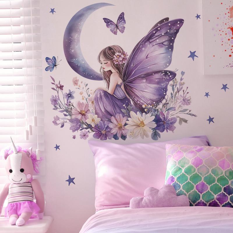 Purple Butterfly Girl Flower Wall Stickers Living Room Decorative Stickers Girl Room Children Bedroom Background Wall Decorative