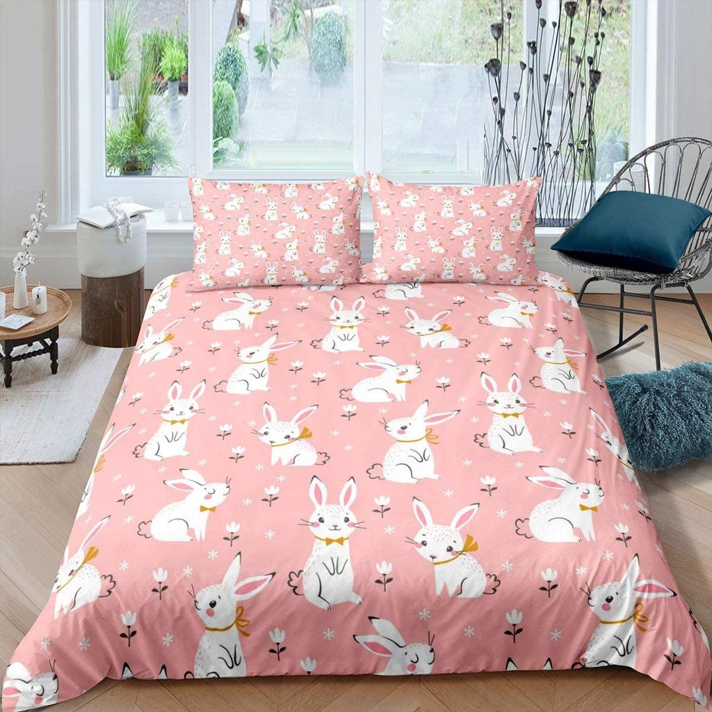 Rabbit Duvet Cover Set Polyester Comforter Cover Twin Size,Pink Floral For Girls Women Cute Bunny Bedding Set With Pillowcase