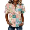 Women’s Vintage Patchwork Print Henley Button Neck Short Sleeve Cotton Linen Shirt Casual Loose Fit Top for Summer Daily Wear