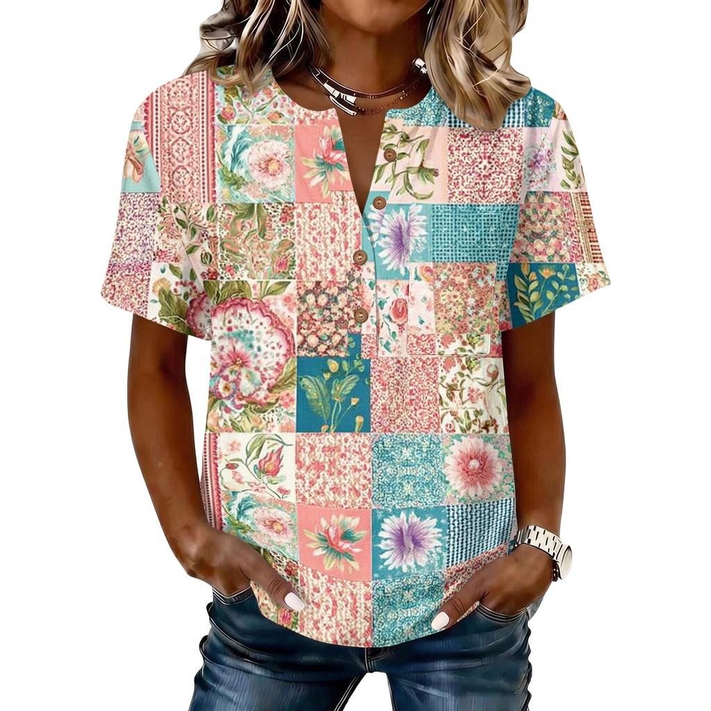 Women’s Vintage Patchwork Print Henley Button Neck Short Sleeve Cotton Linen Shirt Casual Loose Fit Top for Summer Daily Wear