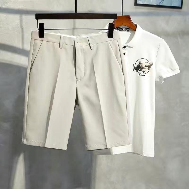 Solid Color Suit Shorts Men's Elastic Suit Pants Fifth Pants with Belt
