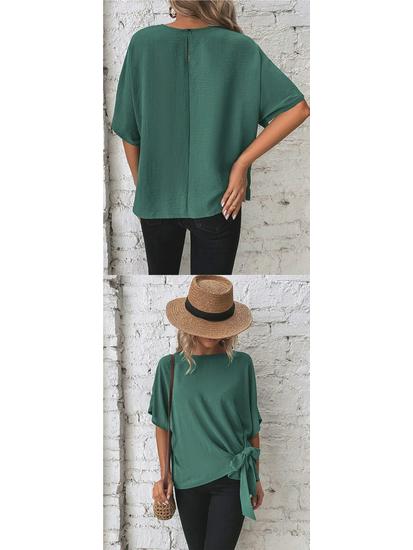 Summer Women's Solid Color Batwing Sleeve Knot Hem Loose T-shirt