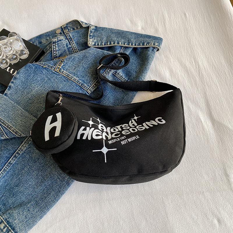 

Холщовая сумка в студенческом стиле, повседневная сумка-полумесяц, с принтом букв, большой вместимости, мессенджер, пельмени