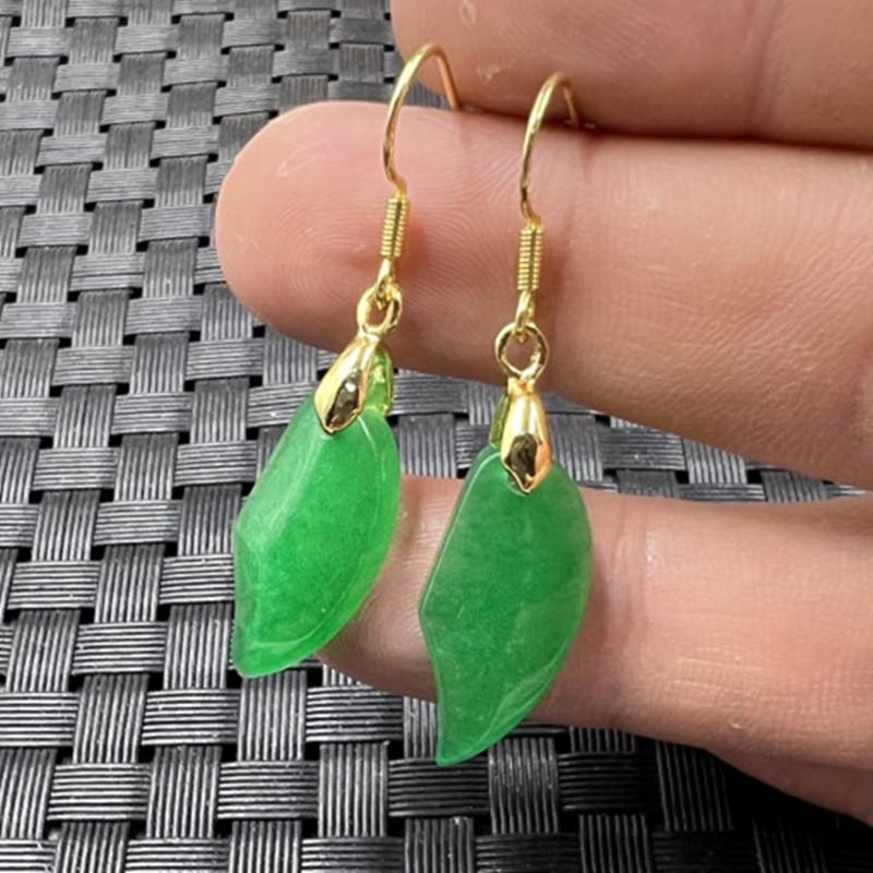 Emerald Green Jade Leaf Earrings with Gold Branch & Quartzite Gold Version