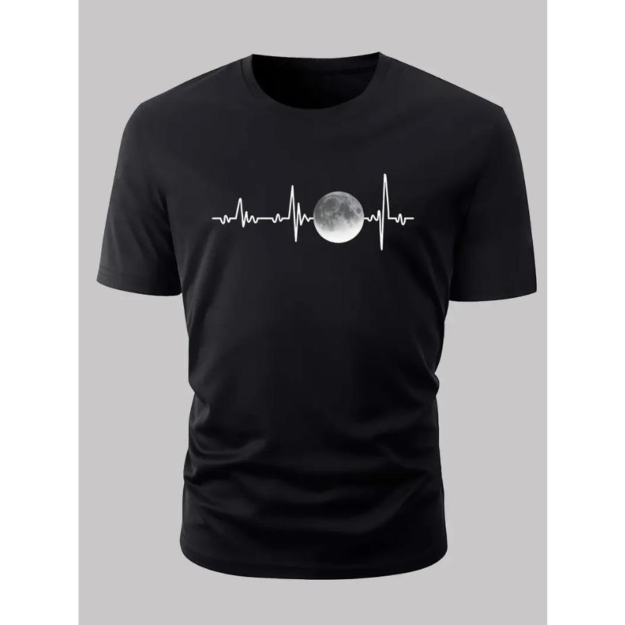 

Мужская хлопковая футболка с принтом ЭКГ и Луны - Повседневная, дышащая футболка с круглым вырезом для повседневной одежды S чёрный