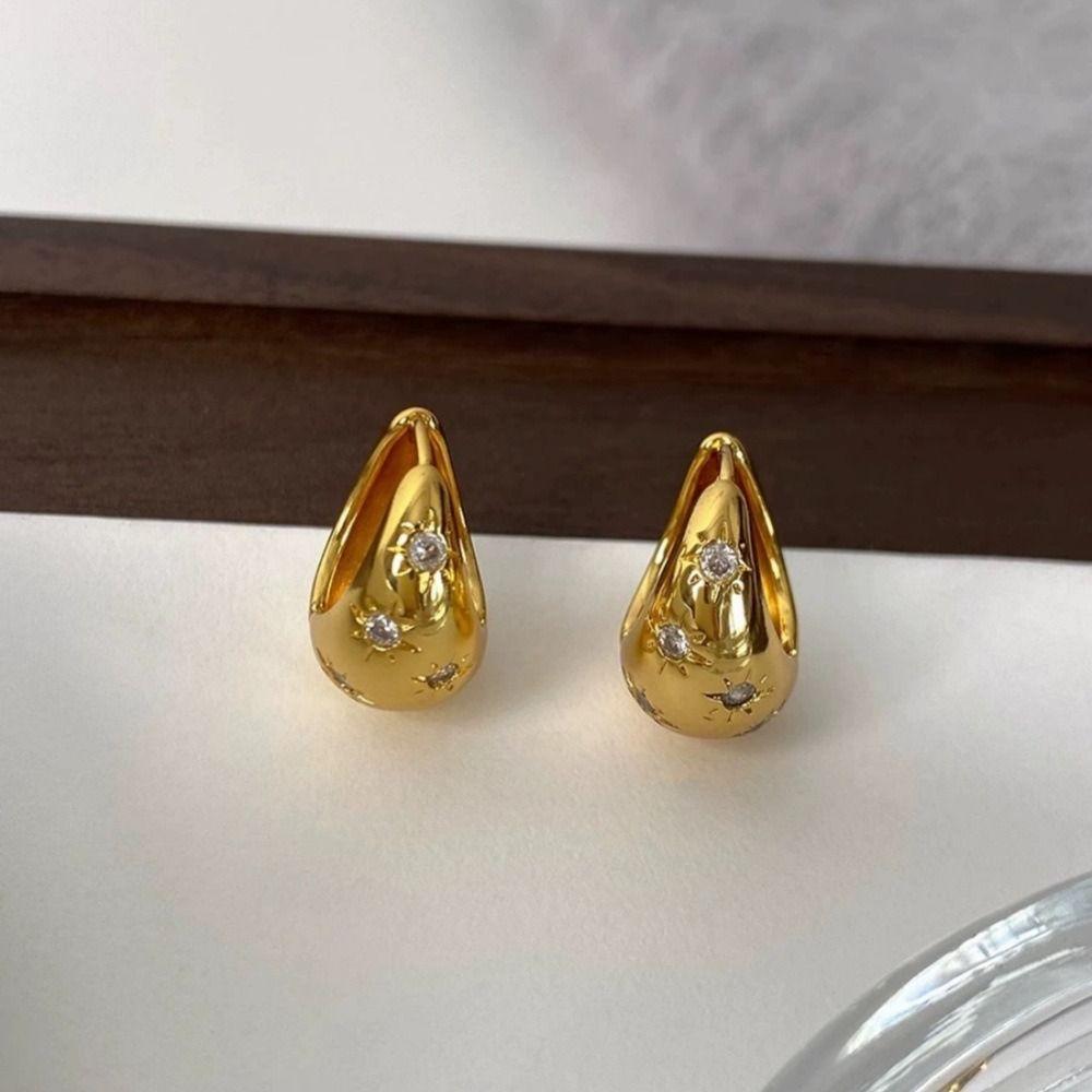 Korean Style Simple Earring Copper Minimalist Hoop Earring Retro Rhinestone Ear Buckles  Gift