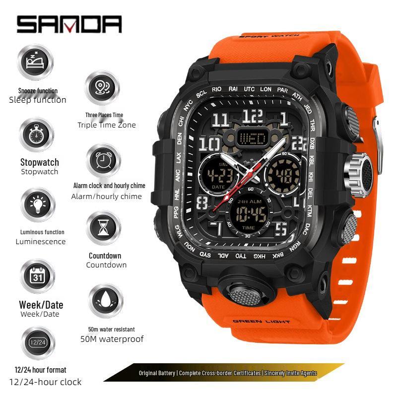 Sanda Men's Trendy Waterproof Multi-Functional Electronic Watches with Three-Time Zones for Casual Use
