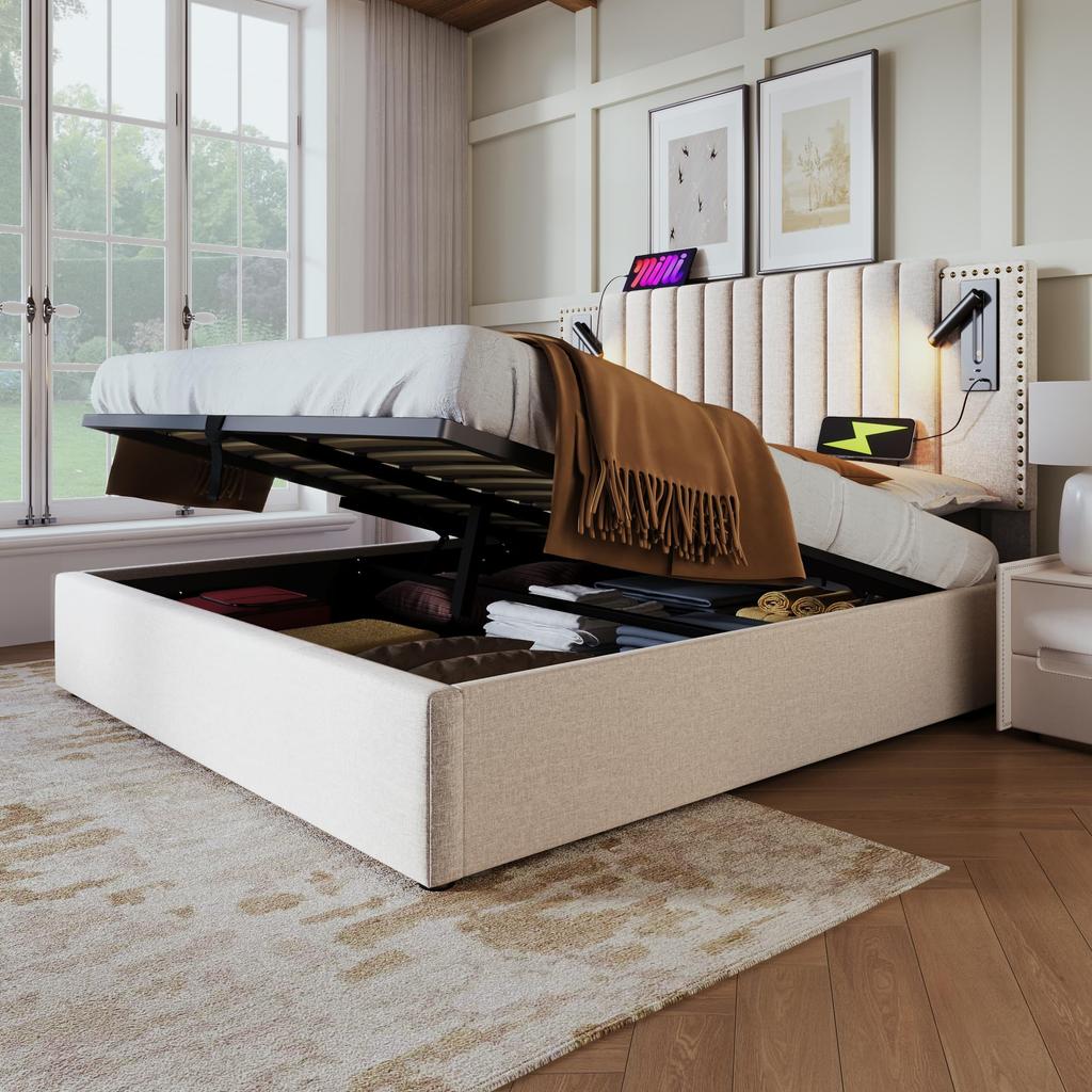Doppelbett Polsterbett 140x200cm Hydraulisch Stauraum Bettkasten Lattenrost USB Ladefunktion Leselicht verstellbares Kopfteil Baumwolle Grau