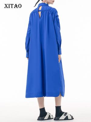 Casual Hollow Out Folds Uzun Kollu Kadın Elbisesi DMJ2729