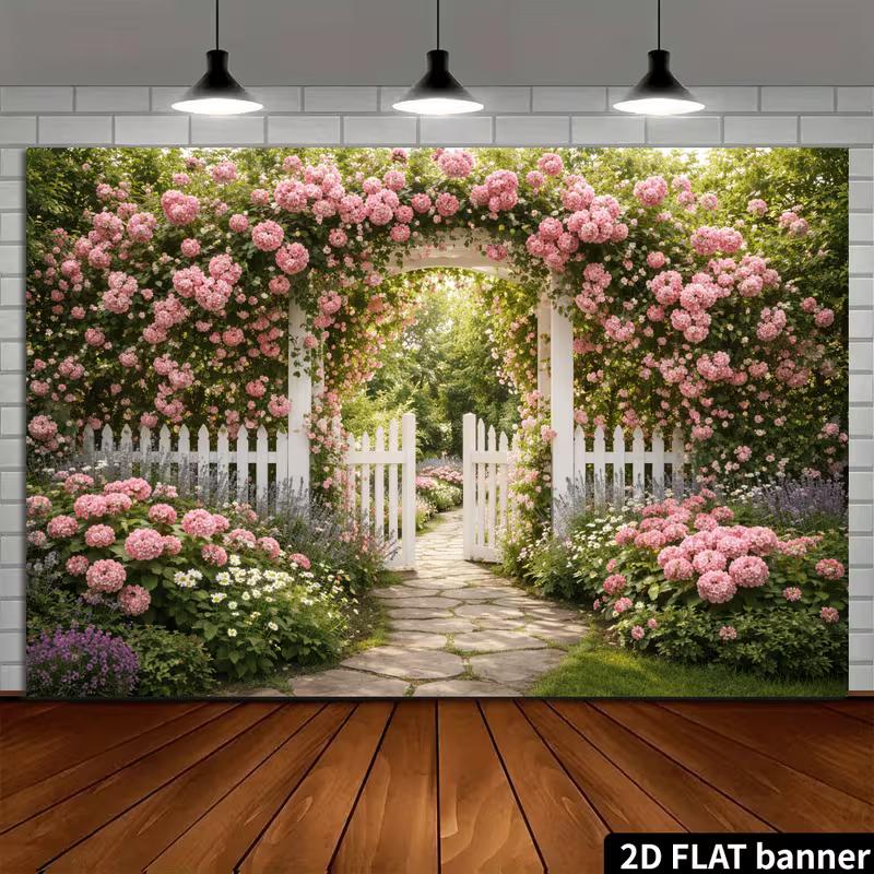 2D Cottage Stone Path Pink Flower Greenery Photo Background Cloth
