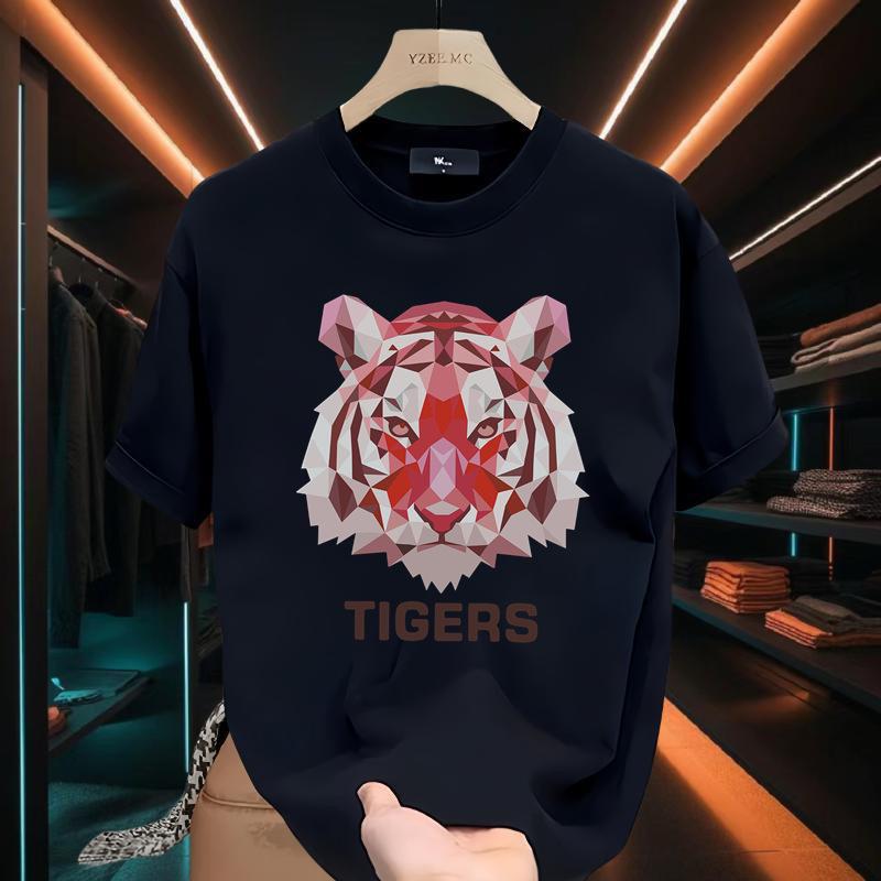 Pink tiger head printed round neck short sleeved 2024 Tshirt for Unisexs casual loose fit oversized versatile top