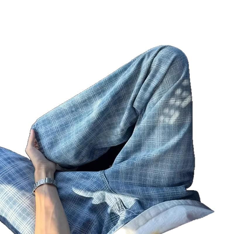 American Retro Blue Plaid Jeans Men's Spring Design Sense High-end Slightly Pull Pants Loose Wide-leg Pants
