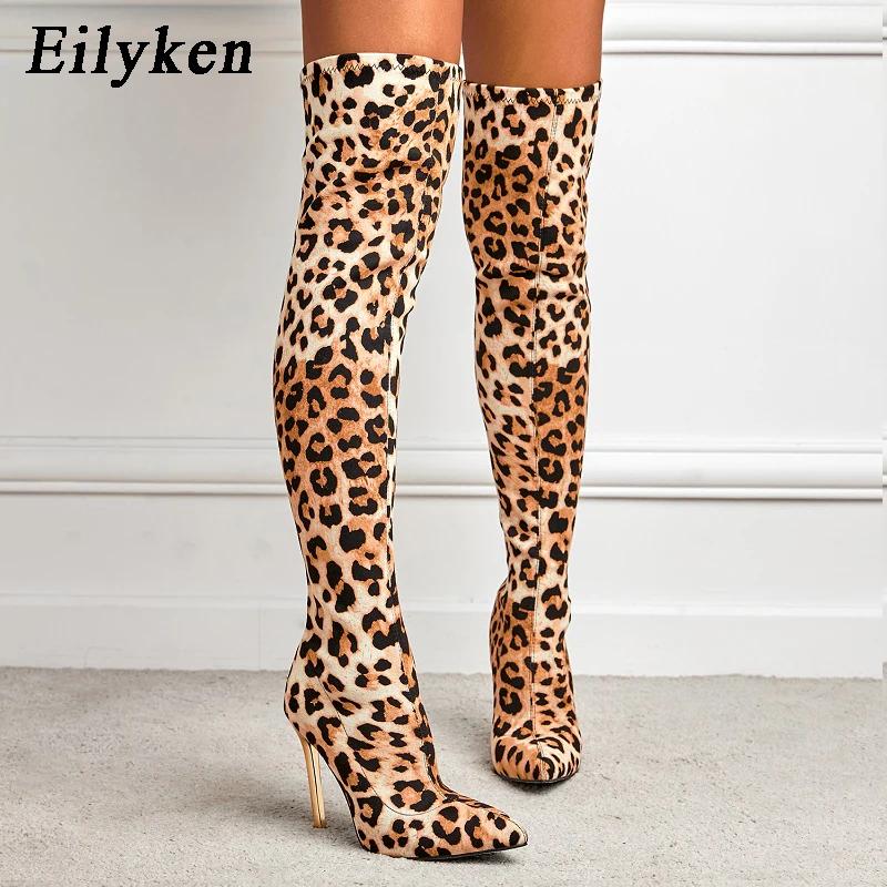 Fashion Eilyken New Thigh High Boots Pointed Toe Sexy Leopard Grain Thin Heels Stretch Fabric Over-the-Knee Womens Boots Shoes