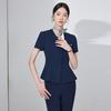Women's Dark Blue Short-Sleeved Suit Set - Summer Professional Attire for Hotel and Jewelry Store Front Desk.