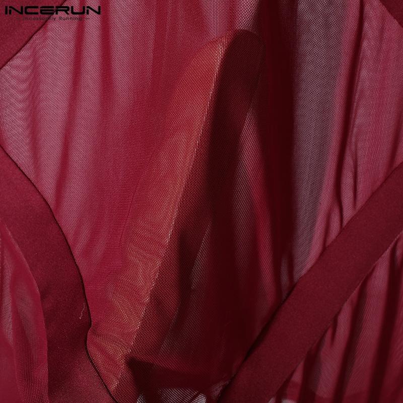 INCERUN Letní pánské rolákové tričko s krátkým rukávem, prošívané síťovinou, průsvitné, ležérní