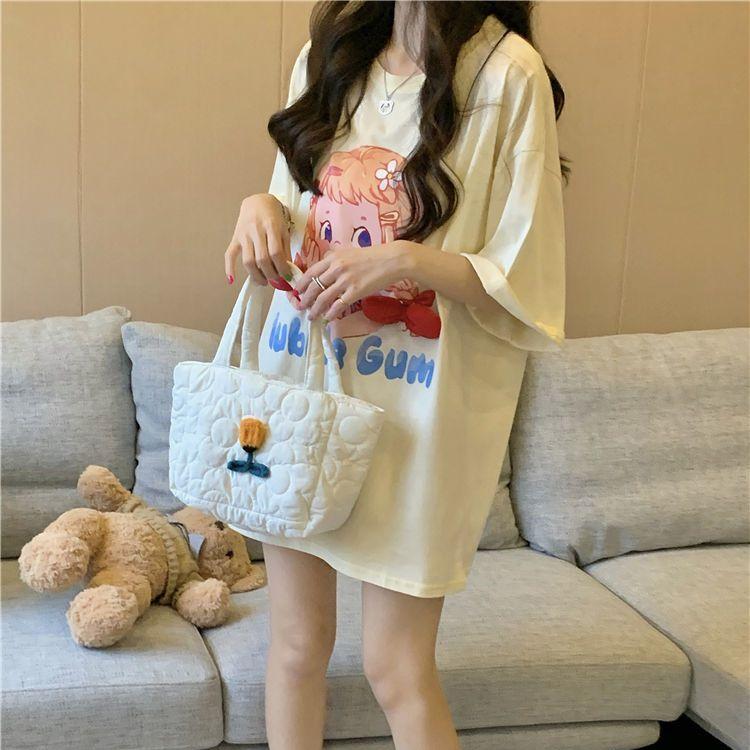 

Футболка из чистого хлопка высокого качества для молодой девушки, летняя, забавная футболка с мультяшным принтом для женщин, одежда Harajuku, футболки больших размеров, топы Y2k, уличная одежда 3XL бежевый