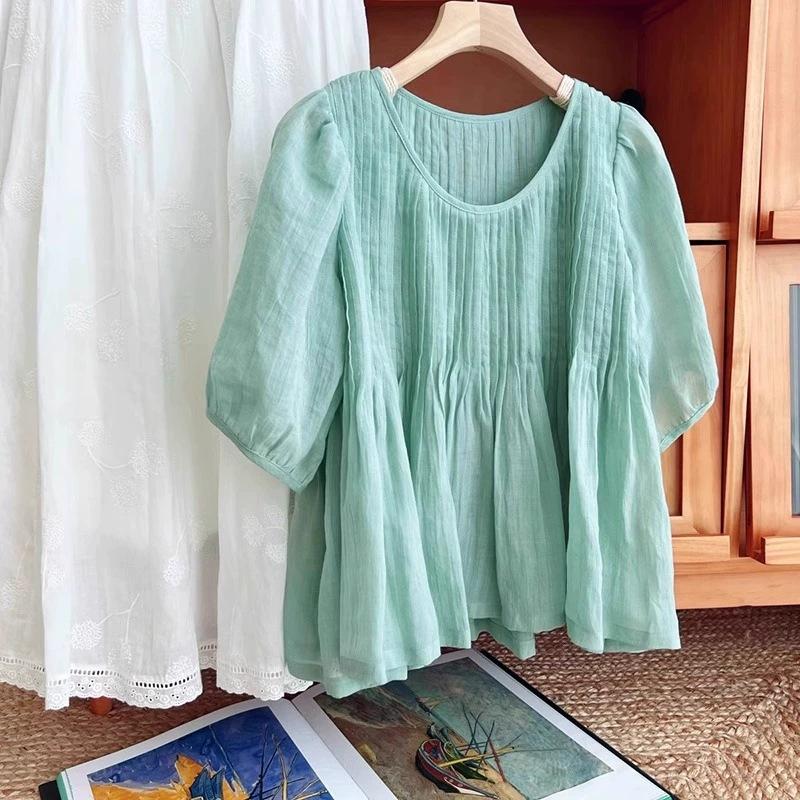 

Рубашка из хлопка и льна с рукавами пять четвертей и круглым вырезом, женская, лето 2025 года, плиссированная, однотонная, омолаживающая, в тяжелую промышленность M зелёный